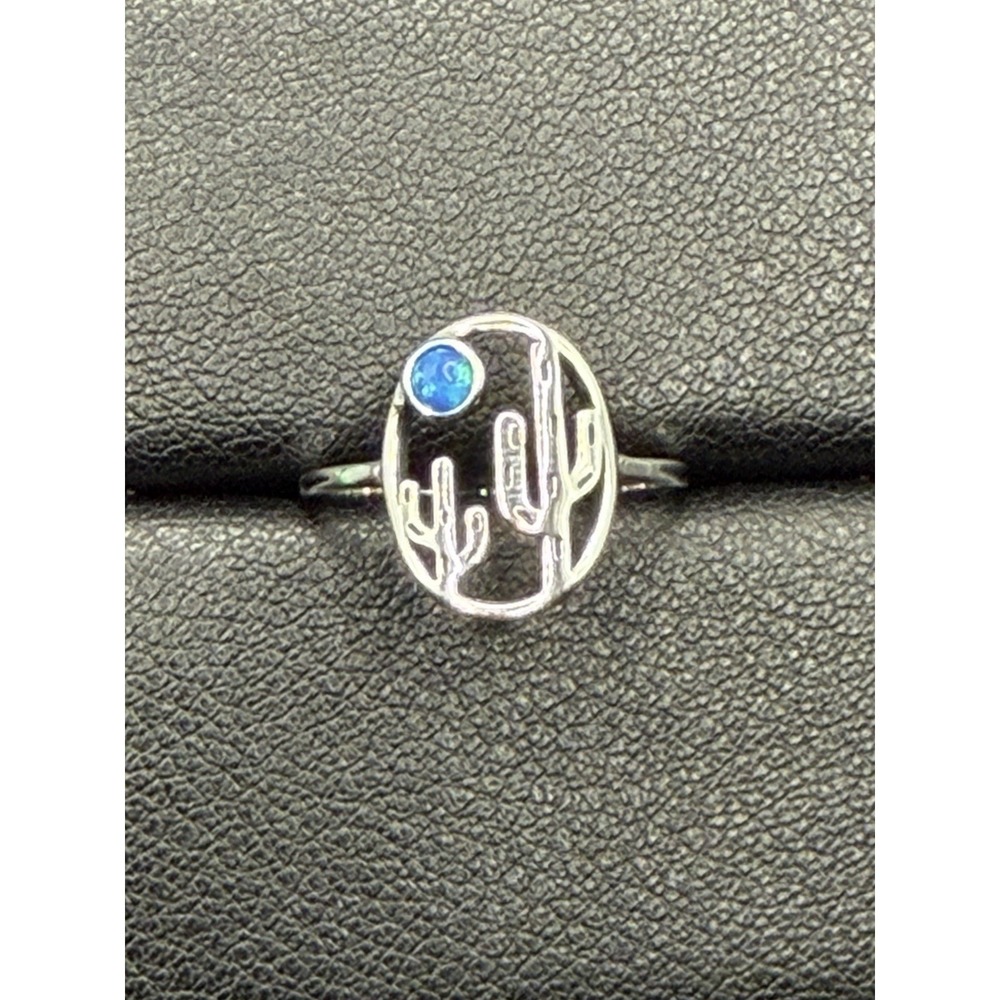 New Sterling Silver Lab Blue Opal Moon Cactus Ring Size 7 J16